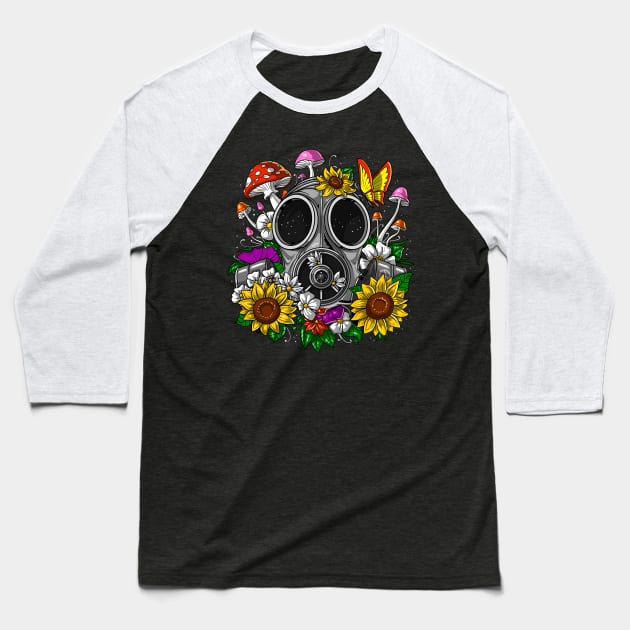 Floral Hippie Gas Mask Baseball T-Shirt by underheaven